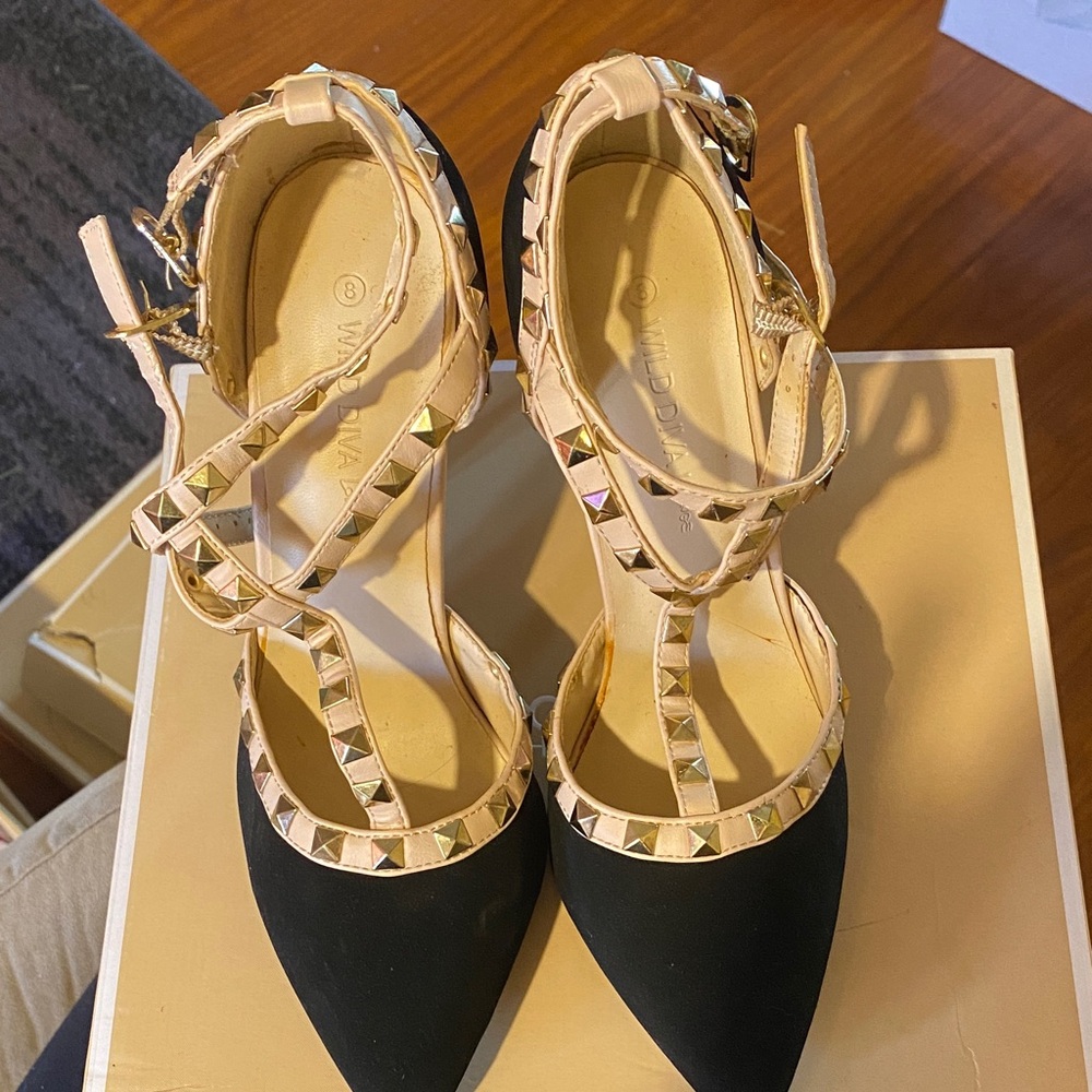 Wild Diva Black and Cream Studded Heels